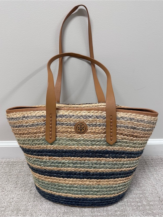Tory Burch Handbags - Tory Burch Multicolor Striped Straw Tote with Chestnut Leather Trim